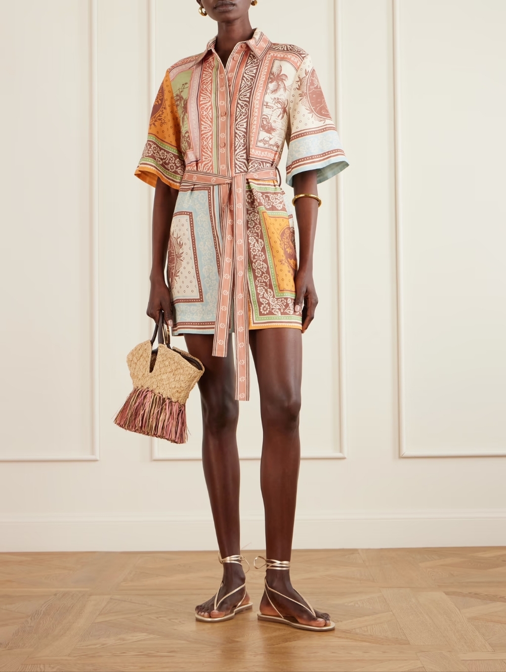 Alemais Alberta belted printed linen mini shirt dress